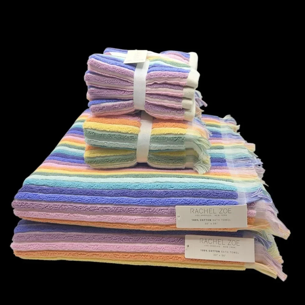 Rachel Zoe 8pc Rainbow Striped Fringe Cotton Towel Set 2 Bath 4Wash 2Hand Multi